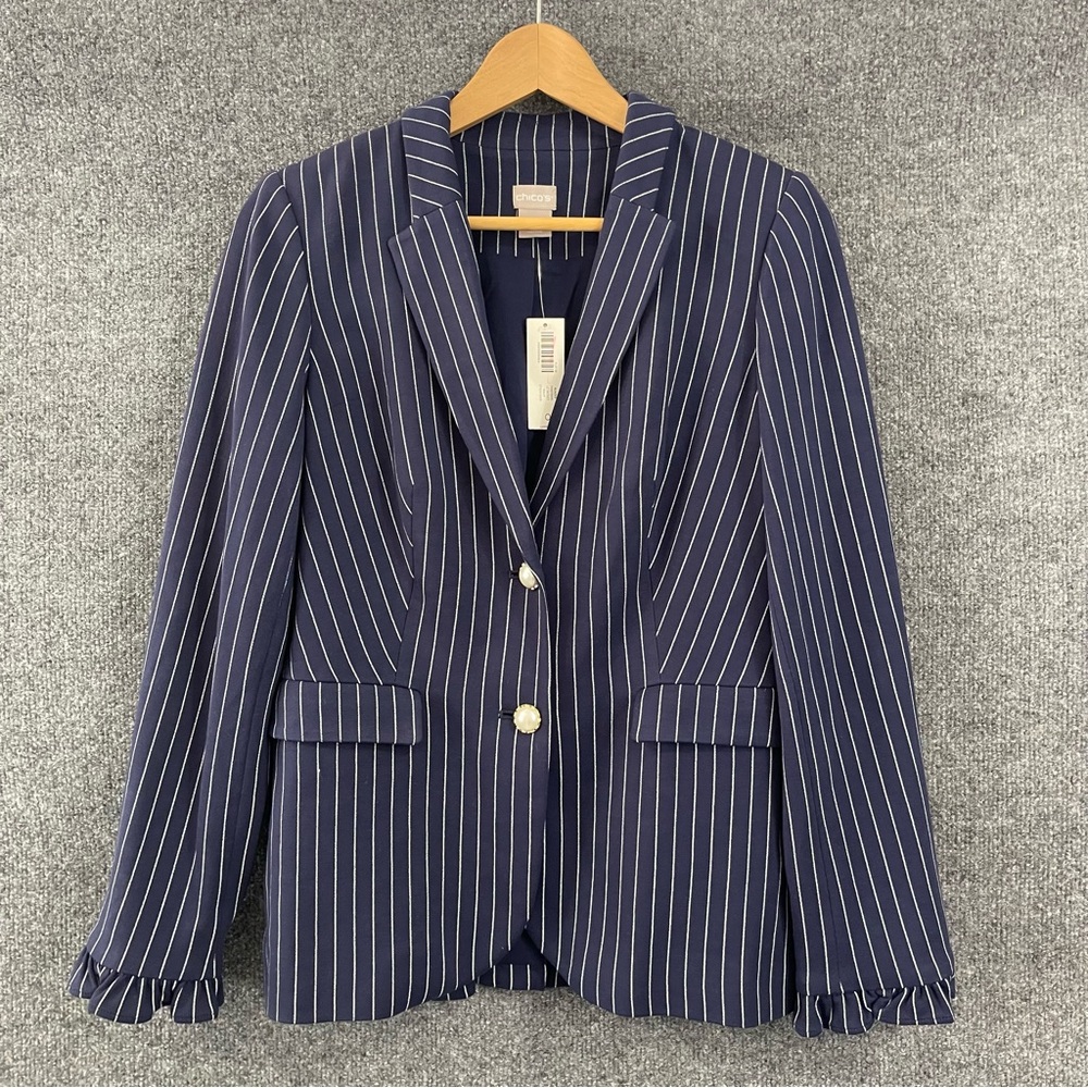 Chicos Blazer Jacket Womens 4/6 Navy White Pinstripe Ruffle Sleeve Office - Picture 1 of 10